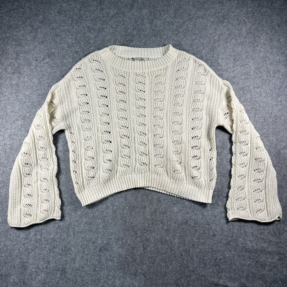 American Eagle Cable Knit Crochet Sweater Small Cream Bell Sleeve Boho Open Knit